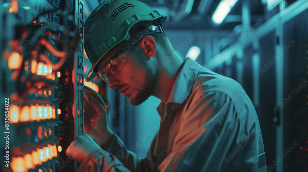 stressed-system-administrator-updating-system-in-server-room-with-safety-helmet-and-work-uniform-captured-with-Canon-EOS-R6-50mm-lens-golden-ratio-composition stressed-system-administrator-updating-system-in-server-room-with-safety-helmet-and-work-uniform-captured-with-Canon-EOS-R6-50mm-lens-golden-ratio-composition
