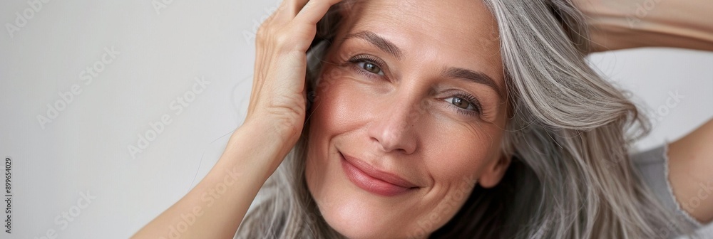 Radiant mature woman with silver hair smiles confidently, showcasing natural beauty and embracing aging gracefully in a close-up portrait. Copy space Radiant mature woman with silver hair smiles confidently, showcasing natural beauty and embracing aging gracefully in a close-up portrait. Copy space