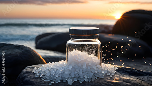 Healthy and tasty Celtic salt is placed into the small bottle on the sea shore photo