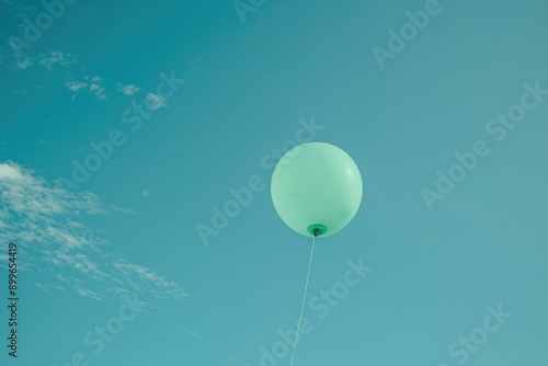 Single Green Balloon Floating in a Blue Sky photo