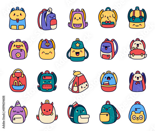 Cute kawaii backpack with funny face. Adorable cartoon accessory character. Hand drawn style. Vector drawing. Collection of design elements.