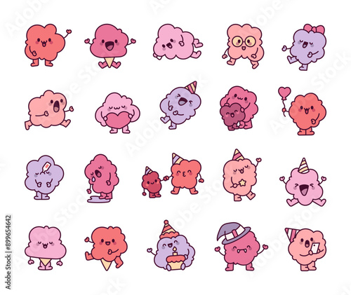 Smiley cotton candy character. Cute cartoon sweet treat with a funny face. Hand drawn style. Vector drawing. Collection of design elements.