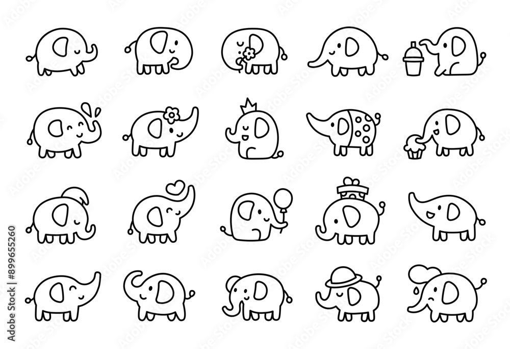 Obraz premium Cute kawaii elephant with funny face. Coloring Page. Adorable cartoon animal character. Hand drawn style. Vector drawing. Collection of design elements.