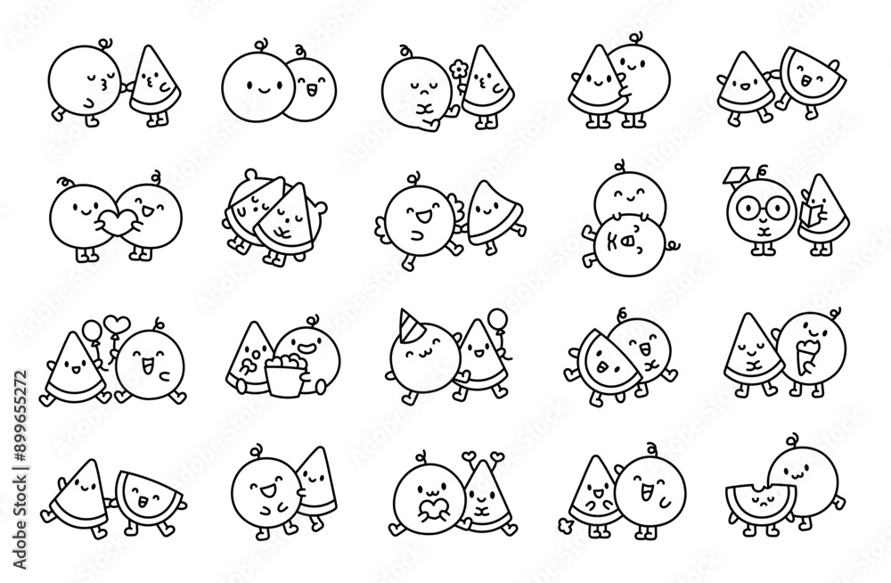 Fototapeta premium Funny couple watermelon cartoon characters. Coloring Page. Cute food friends. Hand drawn style. Vector drawing. Collection of design elements.