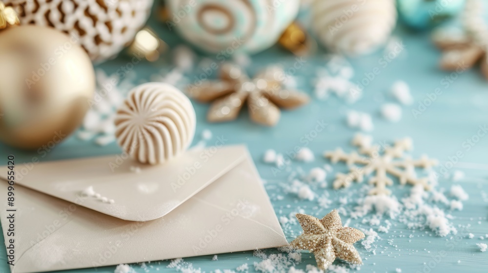A festive arrangement featuring an envelope, decorative ornaments, and snowflakes, perfect for holiday celebrations. A festive arrangement featuring an envelope, decorative ornaments, and snowflakes, perfect for holiday celebrations.