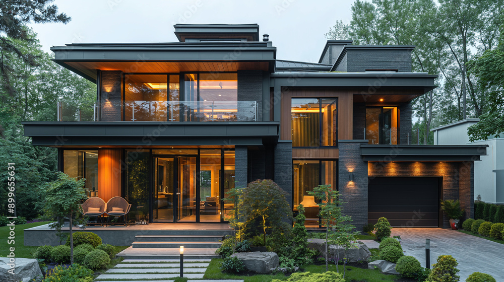 Modern house design, with classic elements, flat facade, black tile roof, European style, classic, attached car garage on the right side of the house. Modern house design, with classic elements, flat facade, black tile roof, European style, classic, attached car garage on the right side of the house.