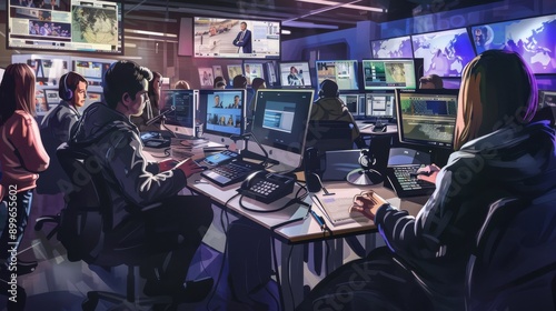 Journalists in a newsroom. Featuring computers and news screens. Highlighting news reporting and media. Ideal for media and journalism publications.