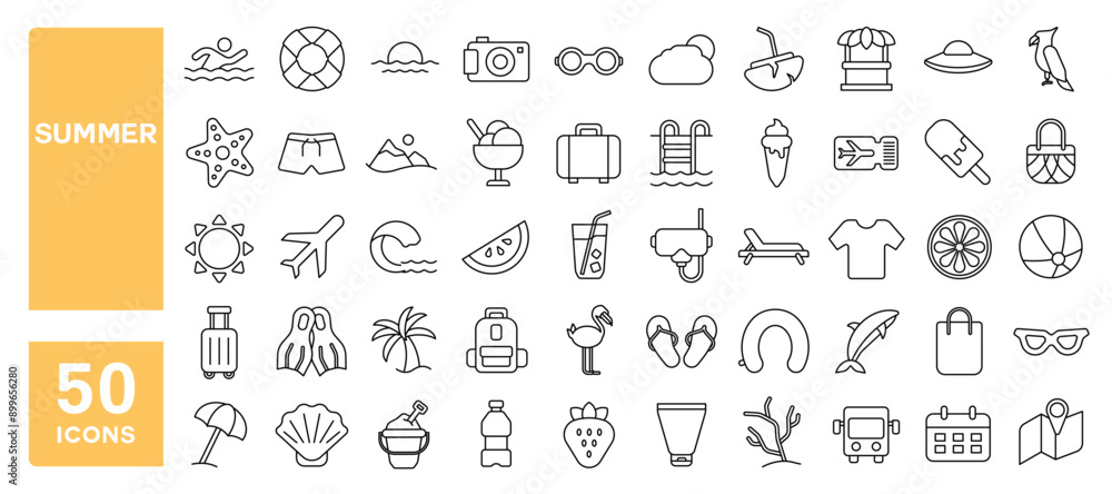 Set of 50 line icons related to summer, beach, holiday, tour, tropical, vacation, Editable stroke. Vector illustration Set of 50 line icons related to summer, beach, holiday, tour, tropical, vacation, Editable stroke. Vector illustration