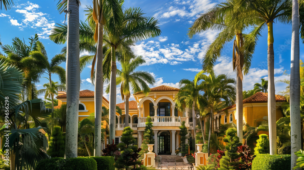 Fototapeta premium Luxurious homes in a prestigious area, surrounded by palm trees and tropical vegetation. In the background, the blue sky completes the image of an elegant residence. 