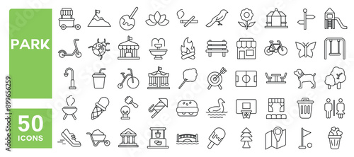 Set of 50 line icons related to park, picnic, playground, outdoor, bench, garden, fountain, Editable stroke. Vector illustration