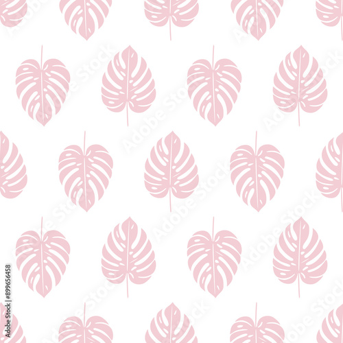 Tropikalny bezszwowy wzór. Różowe liście monstery na białym tle. © Monika