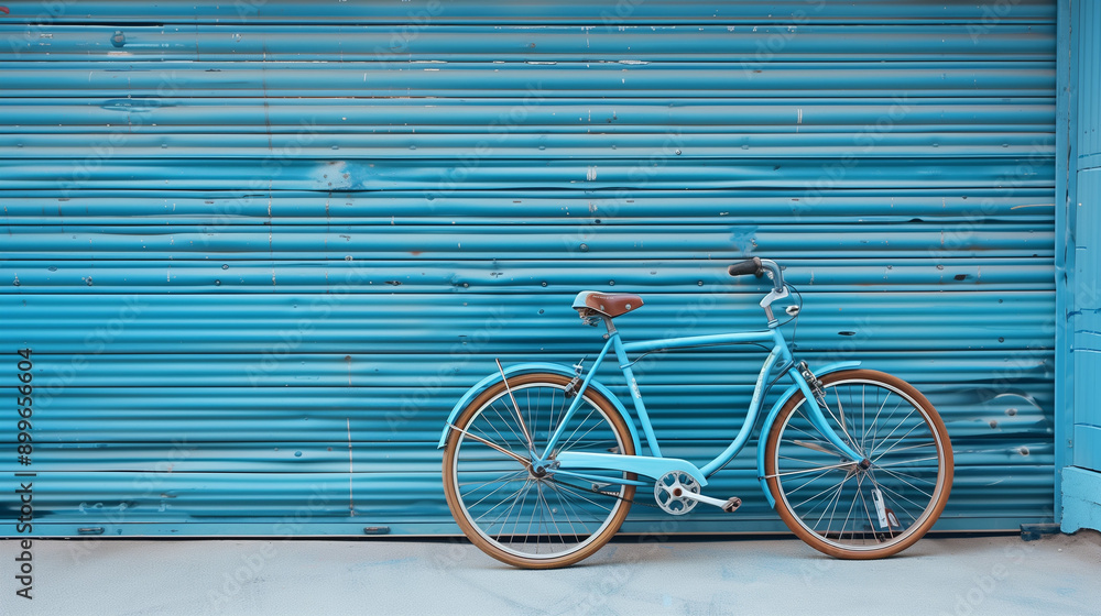 A retro-style blue bicycle leaning against the garage door is reminiscent of times gone by. A retro-style blue bicycle leaning against the garage door is reminiscent of times gone by.