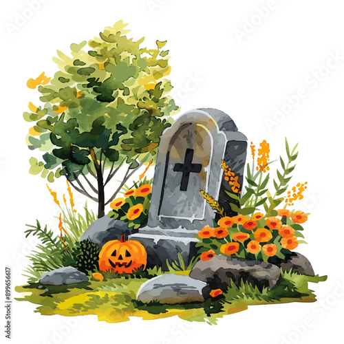 A Halloween-themed graveyard scene featuring a tombstone with a cross, surrounded by autumn flowers, a tree, and a carved pumpkin. Halloween Graveyard Scene with Pumpkin

