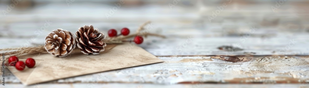 A rustic holiday scene featuring pine cones, red berries, and a blank envelope on a weathered wooden table. A rustic holiday scene featuring pine cones, red berries, and a blank envelope on a weathered wooden table.