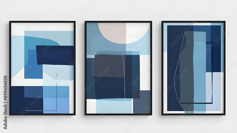 A set of abstract ocean wave art pieces, each depicting the rhythmic motion of waves in different shades of blue, conveying the calming essence of the sea. A set of abstract ocean wave art pieces, each depicting the rhythmic motion of waves in different shades of blue, conveying the calming essence of the sea.