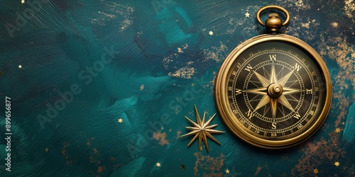 Photo of a gold compass isolated against a dark teal background with starry night elements, copy space. Travel and navigation concept. photo