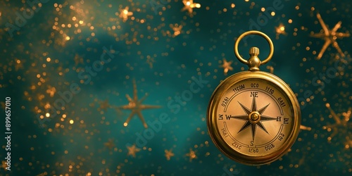 Photo of a gold compass isolated against a dark teal background with starry night elements, copy space. Travel and navigation concept.