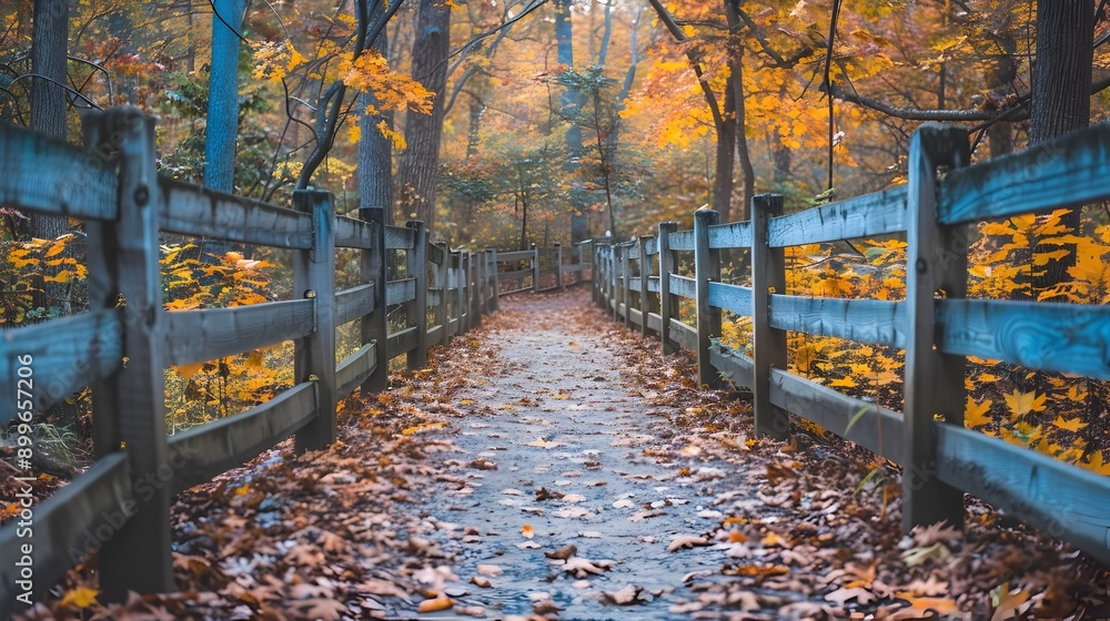 Scenic Autumn Trail with Wooden Fence and Vibrant Fallen Leaves Scenic Autumn Trail with Wooden Fence and Vibrant Fallen Leaves