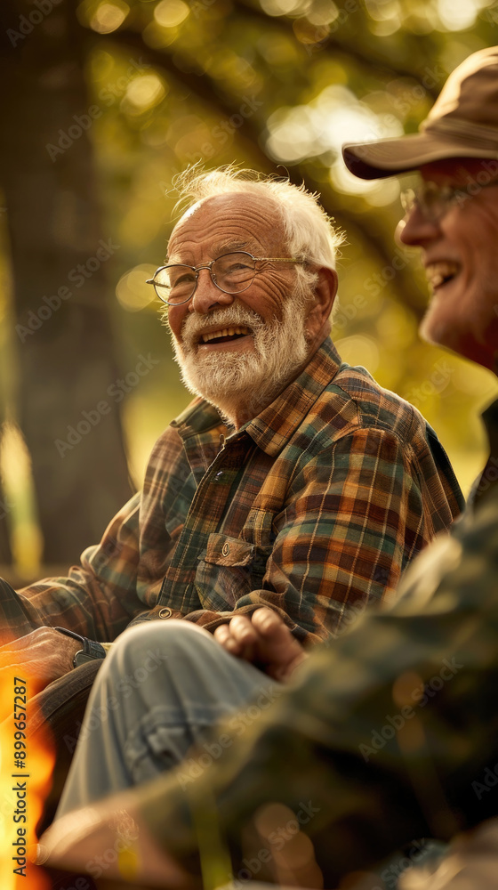 Elderly Friends Enjoying Campfire Conversation in a Forest During Early Evening Elderly Friends Enjoying Campfire Conversation in a Forest During Early Evening