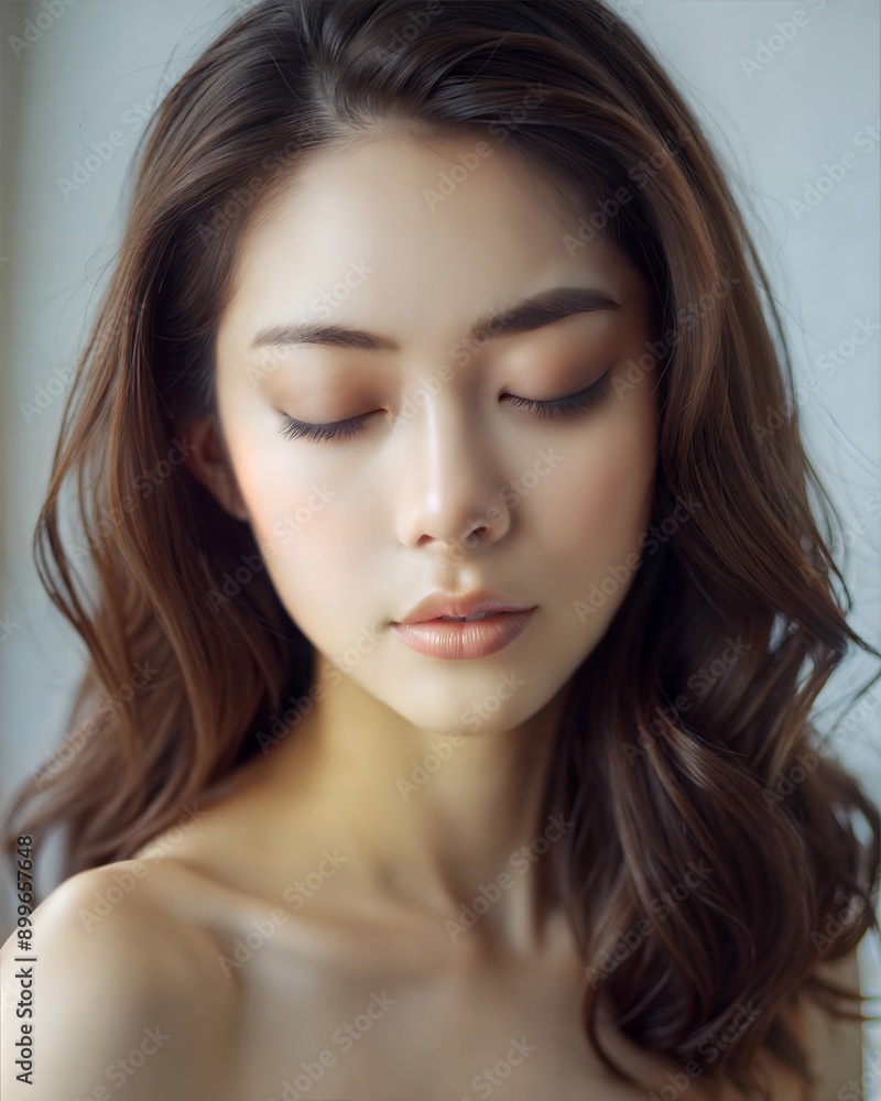 アジアの日本人女性のシンプルで自然な外観、美しさ、スキンケアのコンセプト アジアの日本人女性のシンプルで自然な外観、美しさ、スキンケアのコンセプト