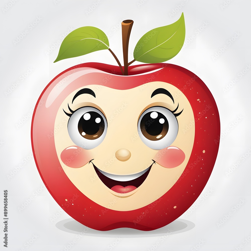 Red apple with a joyful expression and green leaf, AI Red apple with a joyful expression and green leaf, AI