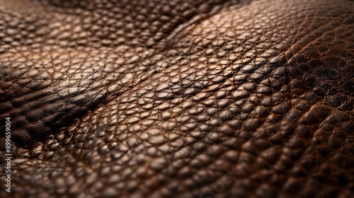 Close-up view of textured brown leather, showcasing the detailed patterns and natural texture of the material.