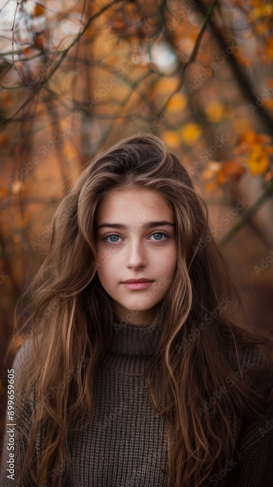 A young woman with flowing hair gazes thoughtfully in a serene forest A young woman with flowing hair gazes thoughtfully in a serene forest