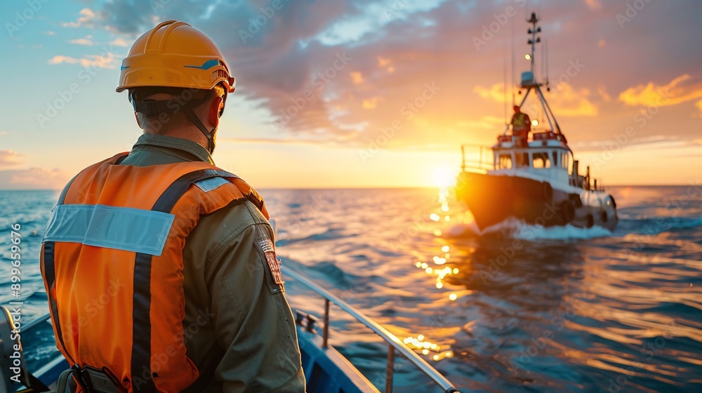 Fisherman watching sunset from boat. Fisherman watching sunset from boat.