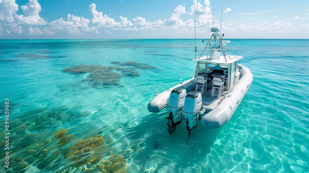 Naklejka premium White Inflatable Boat on Calm Turquoise Water.