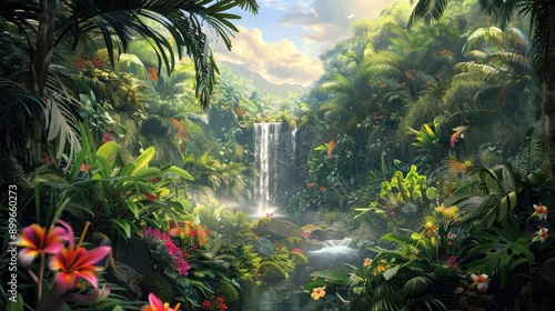 Fototapeta Naklejka Na Ścianę i Meble -  A serene jungle scene with a vibrant waterfall surrounded by lush greenery and colorful flowers, perfect for nature lovers.