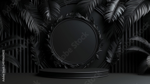 Luxurious dark background with black podium, decorative feathers and leaves for cosmetics and jewellery