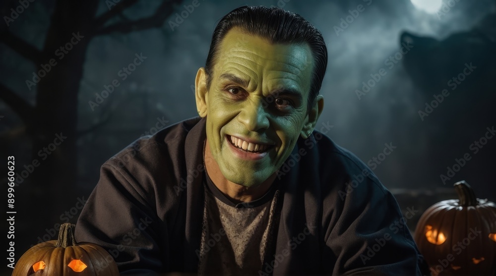 Smiling green-faced man in Halloween makeup and costume surrounded by pumpkins at night in spooky, misty atmosphere. Smiling green-faced man in Halloween makeup and costume surrounded by pumpkins at night in spooky, misty atmosphere.