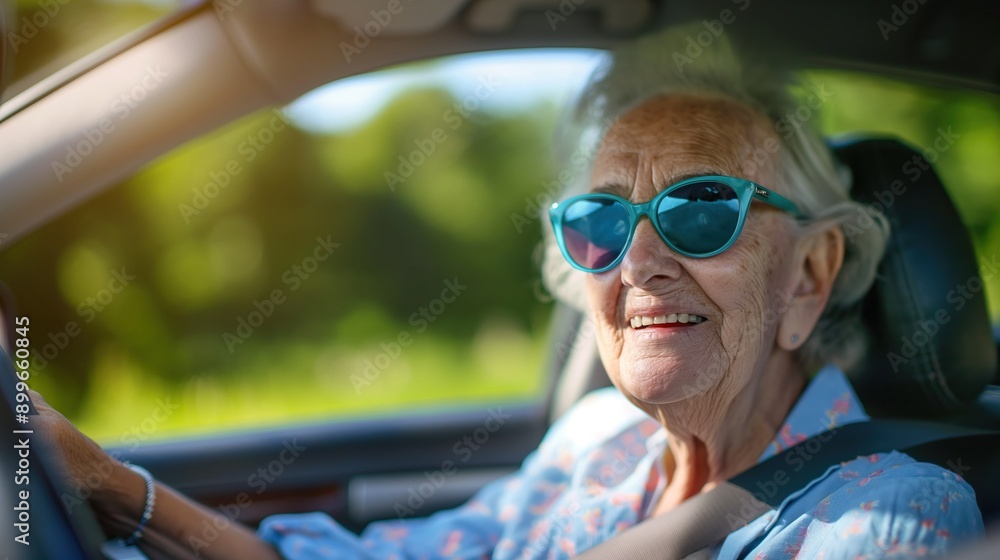 Smiling Elderly Woman Driving on a Sunny Day Smiling Elderly Woman Driving on a Sunny Day
