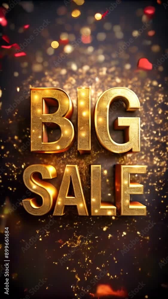 Animated gold sale text on festive golden bokeh background with flying confetti, retail promotions, discount events and social media marketing Big sale offer Animated gold sale text on festive golden bokeh background with flying confetti, retail promotions, discount events and social media marketing Big sale offer