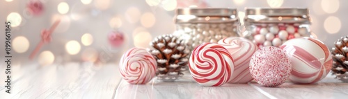 Colorful candy display featuring jars filled with festive treats, perfect for holiday celebrations and sweet occasions.