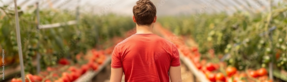 A young man explores a greenhouse filled with vibrant tomato plants, showcasing sustainable farming and agricultural practices. A young man explores a greenhouse filled with vibrant tomato plants, showcasing sustainable farming and agricultural practices.