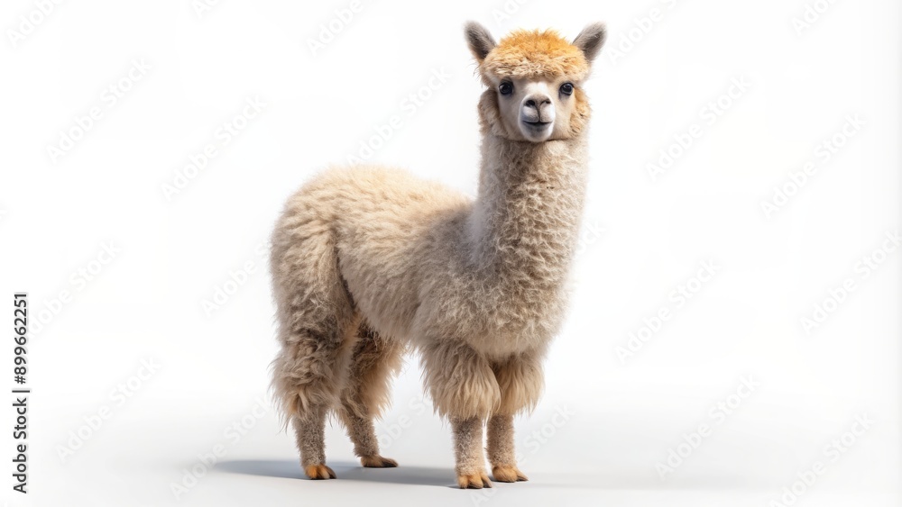 Obraz premium Adorable fuzzy alpaca with soft fur and gentle eyes stands upright on transparent background, showcasing its unique charm.
