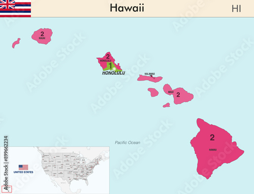 Hawaii state map with counties names and colored congressional districts boundaries due to The 2020 United States census and which is valid since 2023. Flag of Hawaii. Vector