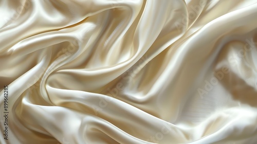 This image captures the luxurious texture of silky cream fabric, elegantly draped to display its smooth and lustrous surface, reflecting subtle light and shadows.