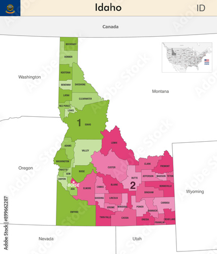 Idaho state map with counties borders and colored congressional districts boundaries due to The 2020 United States census and which is valid since 2023. Flag of Idaho. Vector