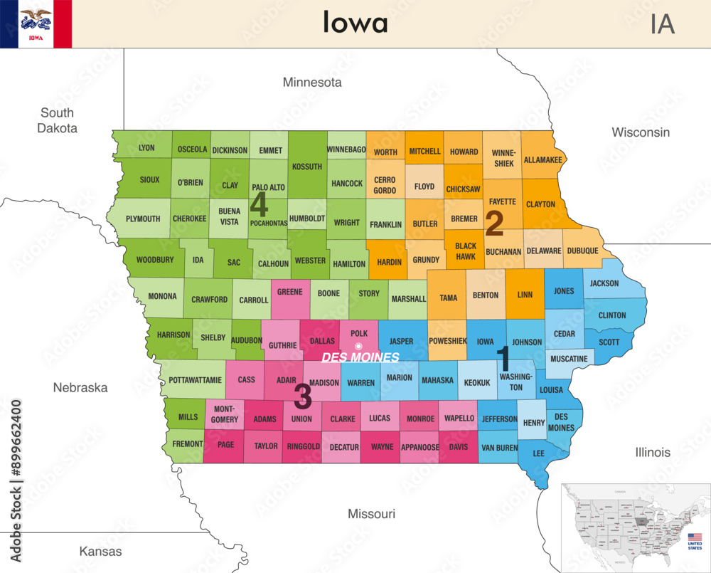 Iowa state map with counties borders and colored congressional districts boundaries due to The 2020 United States census and which is valid since 2023. Flag of Iowa. Vector