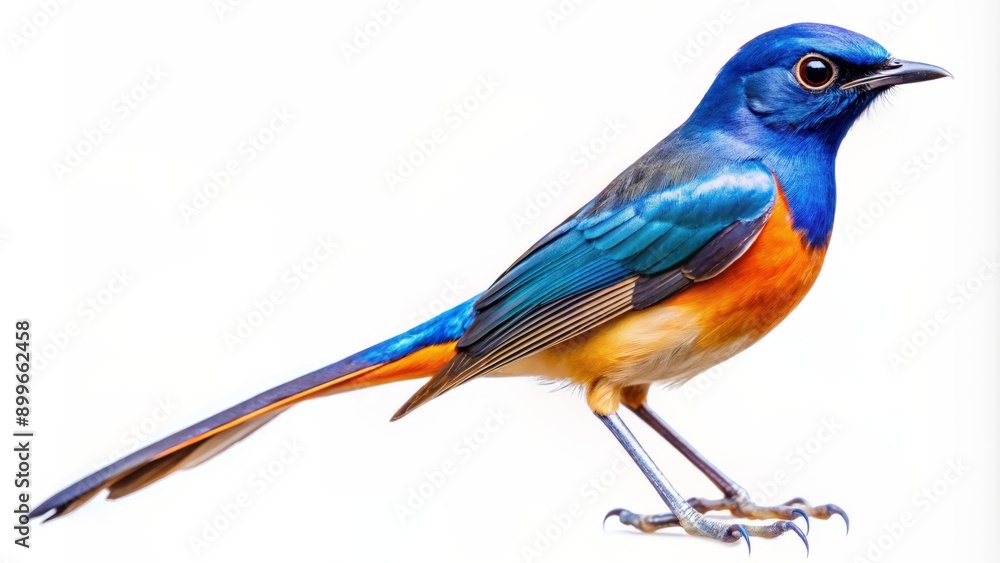Obraz premium Small iridescent blue and orange bird with long forked tail and pointed wings perched on invisible surface solo against white.
