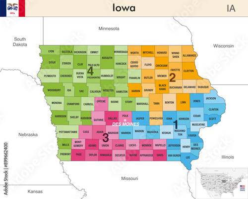 Obraz na płótnie Iowa state map with counties borders and colored congressional districts boundaries due to The 2020 United States census and which is valid since 2023. Flag of Iowa. Vector w salonie