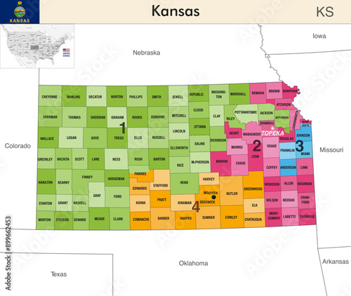Kansas state map with counties borders and colored congressional districts boundaries due to The 2020 United States census and which is valid since 2023. Flag of Kansas. Vector