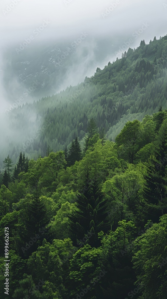 Serene mist blankets vibrant green trees as morning light gently awakens Serene mist blankets vibrant green trees as morning light gently awakens