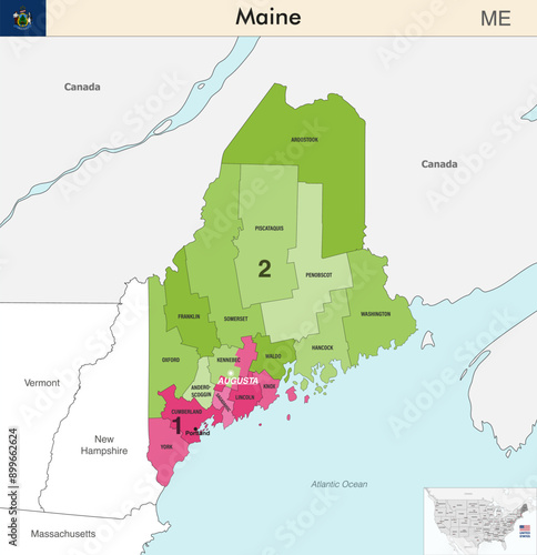 Maine state map with counties borders and colored congressional districts boundaries due to The 2020 United States census and which is valid since 2023. Flag of Maine. Vector