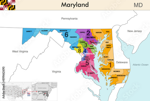 Maryland state map with counties borders and colored congressional districts boundaries due to The 2020 United States census and which is valid since 2023. Flag of Maryland. Vector