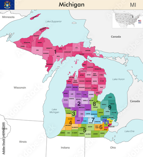 Michigan state map with counties borders and colored congressional districts boundaries due to The 2020 United States census and which is valid since 2023. Flag of Michigan. Vector