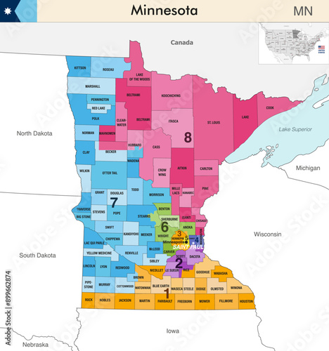 Minnesota state map with counties borders and colored congressional districts boundaries due to The 2020 United States census and which is valid since 2023. Flag of Minnesota. Vector