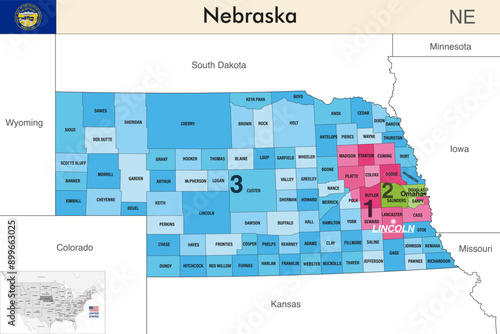 Nebraska state map with counties borders and colored congressional districts boundaries due to The 2020 United States census and which is valid since 2023. Flag of Nebraska. Vector